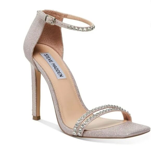 STEVE MADDEN WOMEN'S PINK GLITTER ANKLE STRAP RHINESTONE SQUARE TOE SANDAL - Picture 1 of 16